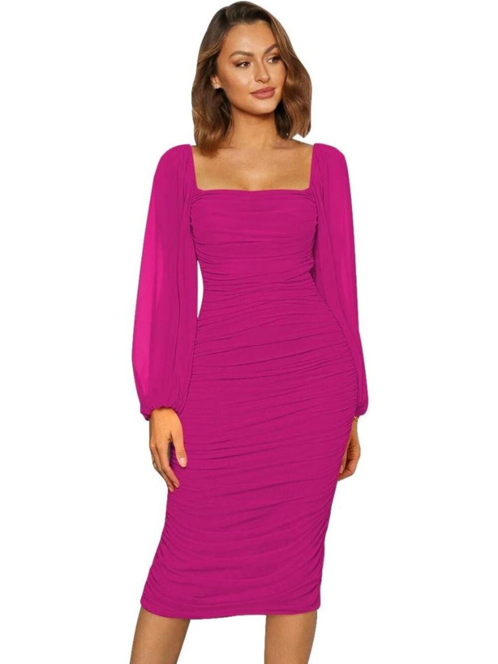 Fashion Womens Ruched Bodycon Mini Cocktail Dress Size M Puff Sleeve Hot Pink - Picture 1 of 14